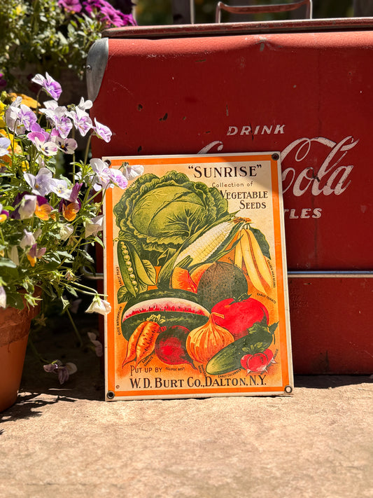 Vintage "Sunrise" Vegetable Seeds Heavy Enameled Metal Sign