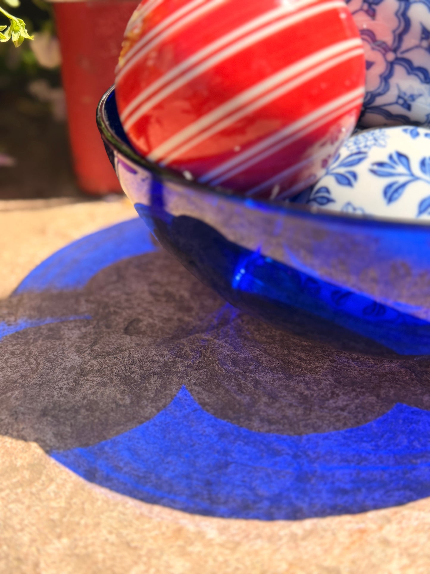 Curated Set of 8 Ceramic Carpet Balls & Cobalt Glass Presentation Bowl