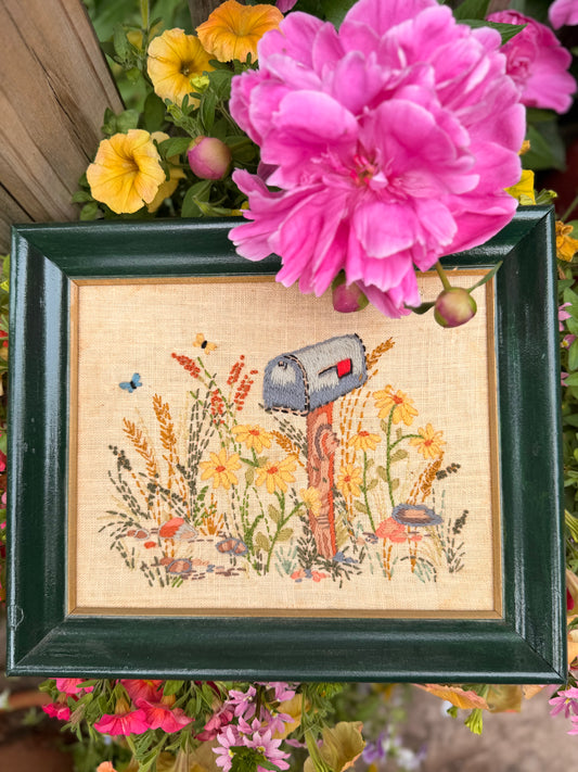Vintage Amanda Needlecraft Co. "Design 204" Custom Framed Rural Mailbox Needlepoint