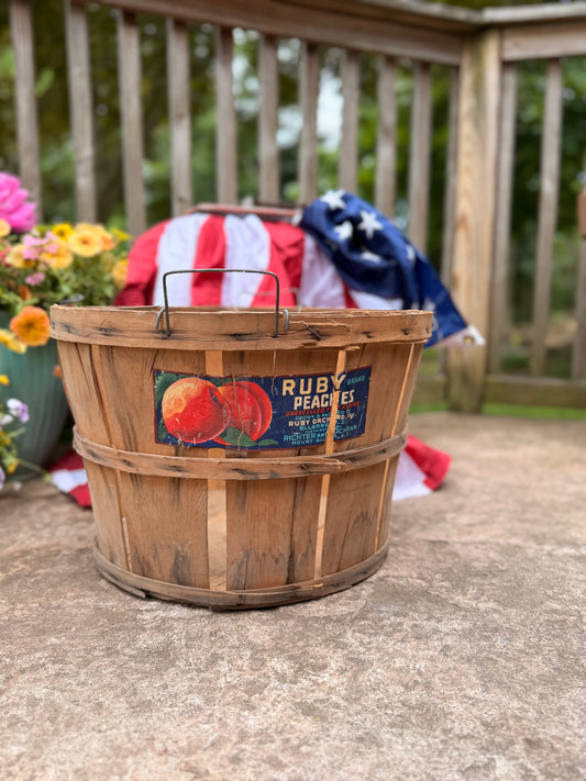 Vintage Orchard Bushel Basket with Rare Ruby Peaches Label