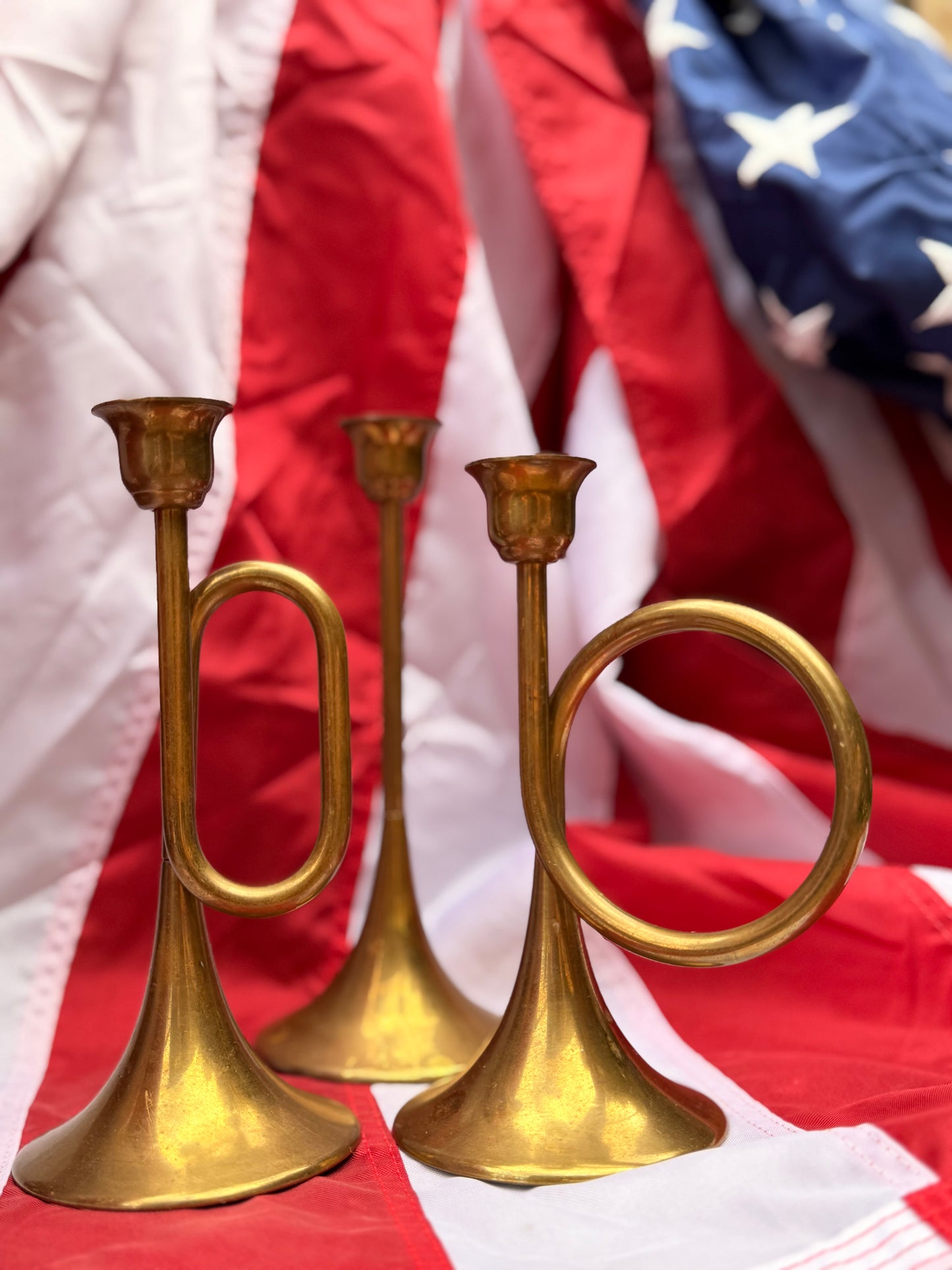 Vintage Silvestri Solid Brass Americana Horn Candlesticks – Graduated Set of 3