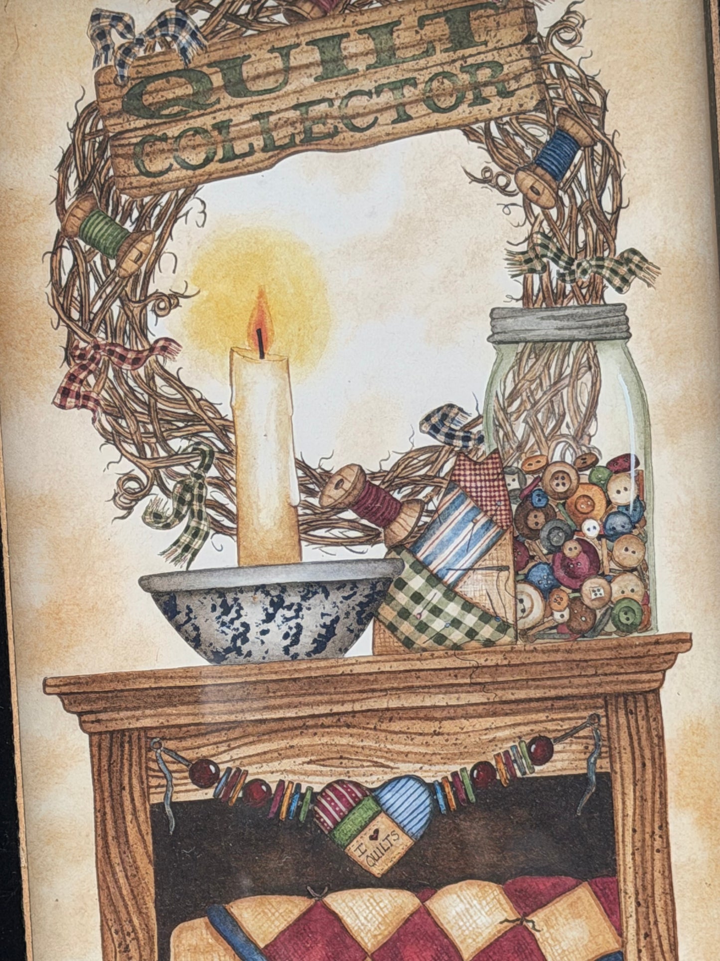 Vintage Framed "Quilt Collector" Folk Art Print