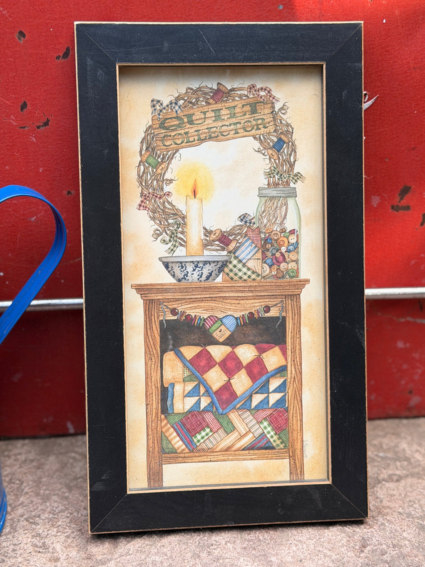 Vintage Framed "Quilt Collector" Folk Art Print